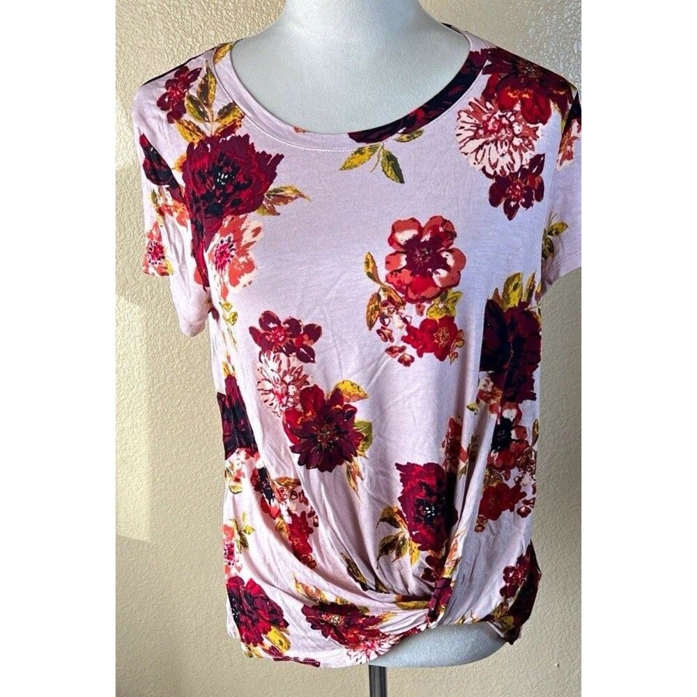 Wishful Park Women's M Pink Floral Twist Front Knit Stretch Tee Short Sleeve